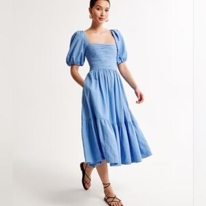 Abercrombie & Fitch Blue Puff Sleeve Midi Dress